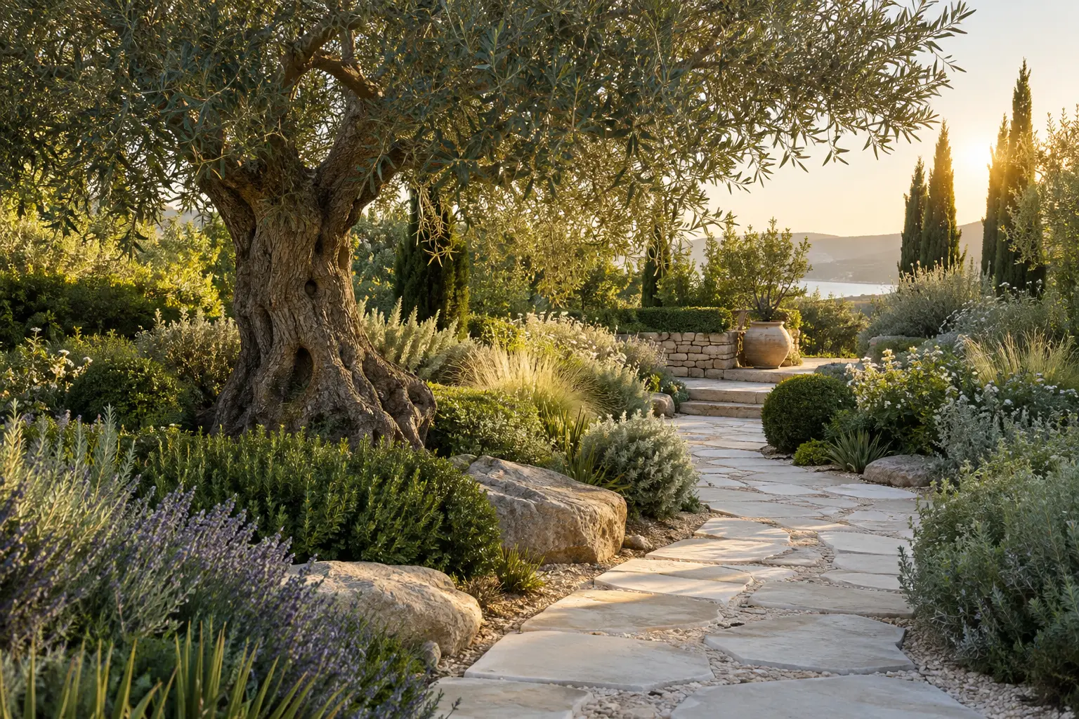 Illustration générée par IA d’un jardin méditerranéen avec olivier et allée de pierre